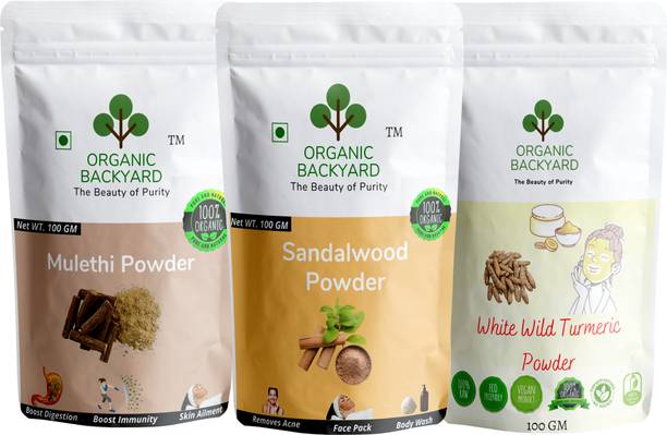 Organic Backyard Mulethi,Sandalwood and white wild turmeric powder for Face Care 100gm Each