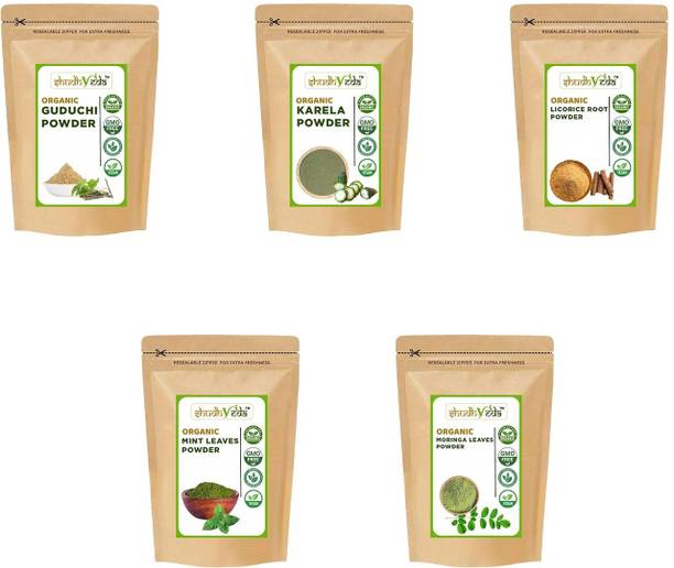 Shudhveda Organic Guduchi,Karela, Licorice Root,Mint & Moringa Leaves Powder-Pack (90g*5)