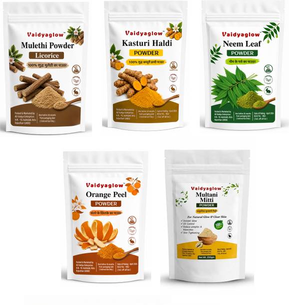 Vaidyaglow Mulethi, Kasturi Haldi, Multani Mitti, Neem And Orange Peel Powder For Face Pack