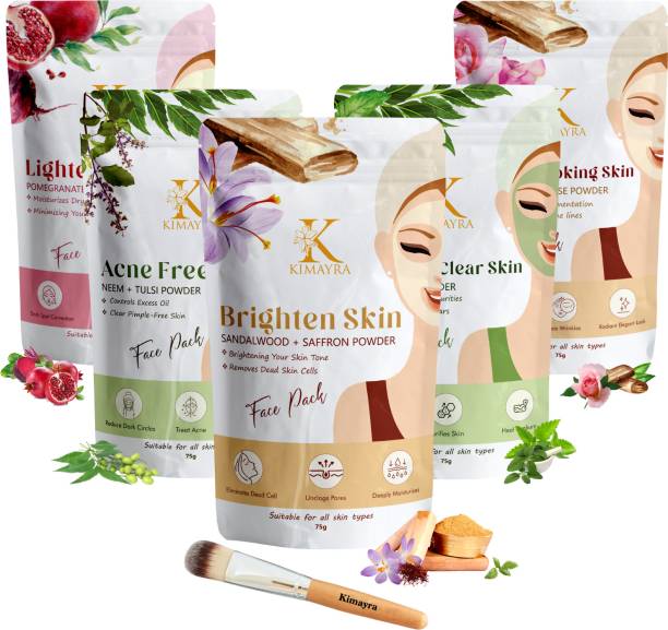 Kimayra World Organic Face Pack & Skin Care Powder Combo For Brightening ,Radiant Glow(75G *5)