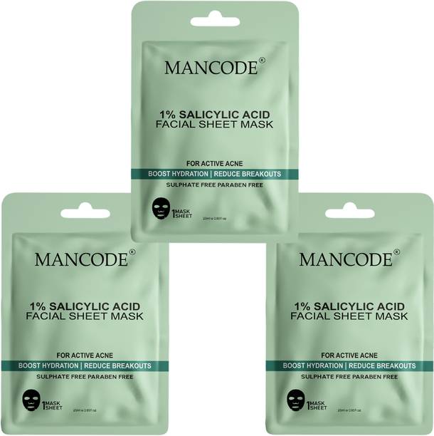 मैनकोड 1% Salicylic Acid Facial Sheet Mask for Men & Women Korean Sheet Mask Pack of 3