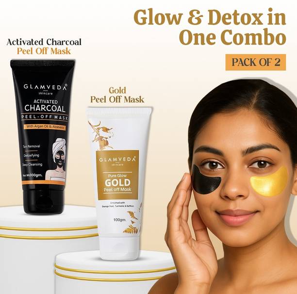 GLAMVEDA Gold & Charcoal Peel-Off Mask | Brightening & Skin Detox Combo for Radiance