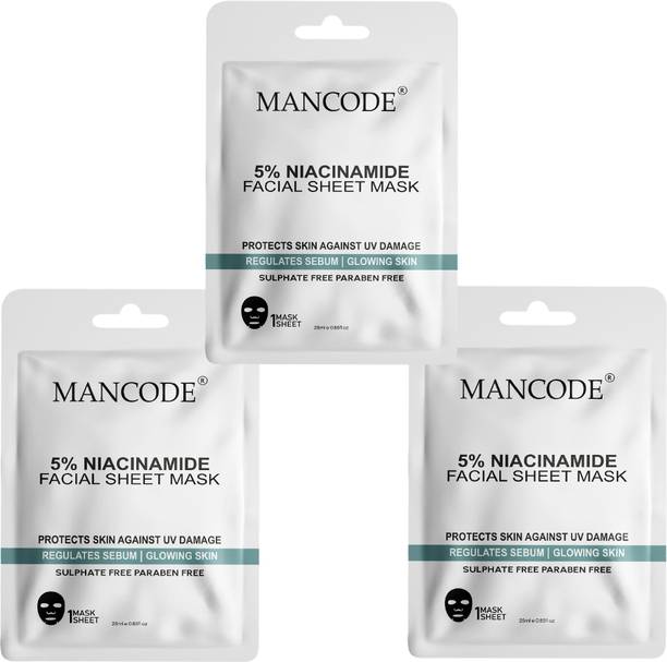 मैनकोड 5% Niacinamide Acid Facial Sheet Mask for Men & Women Korean Sheet Mask Pack 3