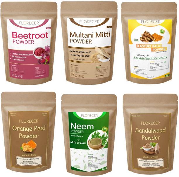 FLORECER Kasturi Haldi,Neem,Orange Peel,Multani Mitti,Beetroot,Sandalwood Powder For Skin