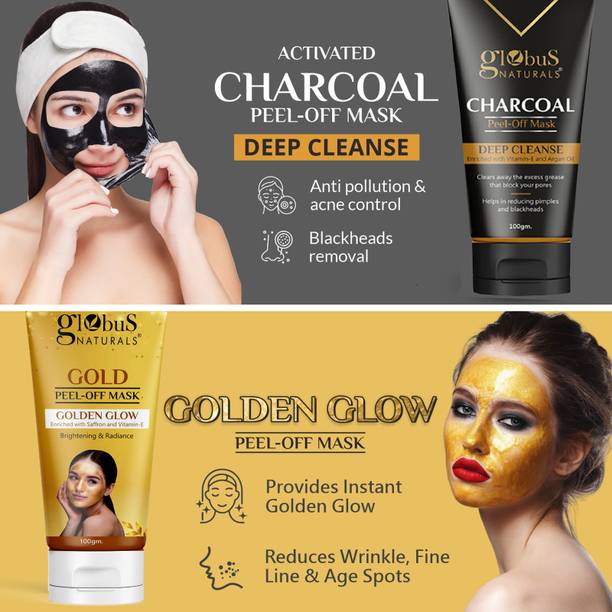 Globus Naturals Charcoal & Gold Peel Off Mask Combo Pack|Golden Glow & Radiance