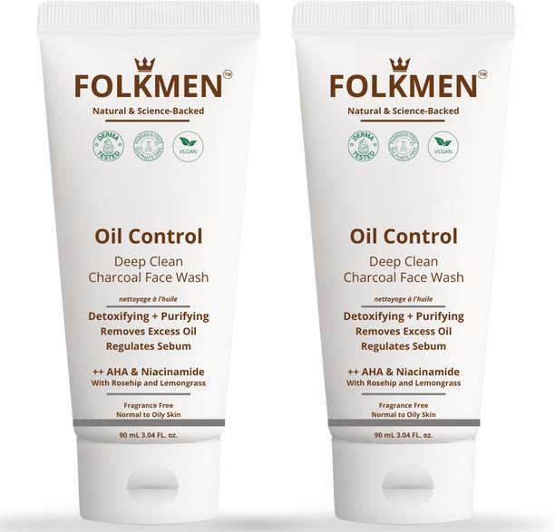 FolkMen Oil Control Deep Clean Charcoal  For Oily Skin with Glycolic Acid & Niacinamide|100% Vegan, Soap & Fragrance Free|Oil Control Cleanser|For Men Face Wash