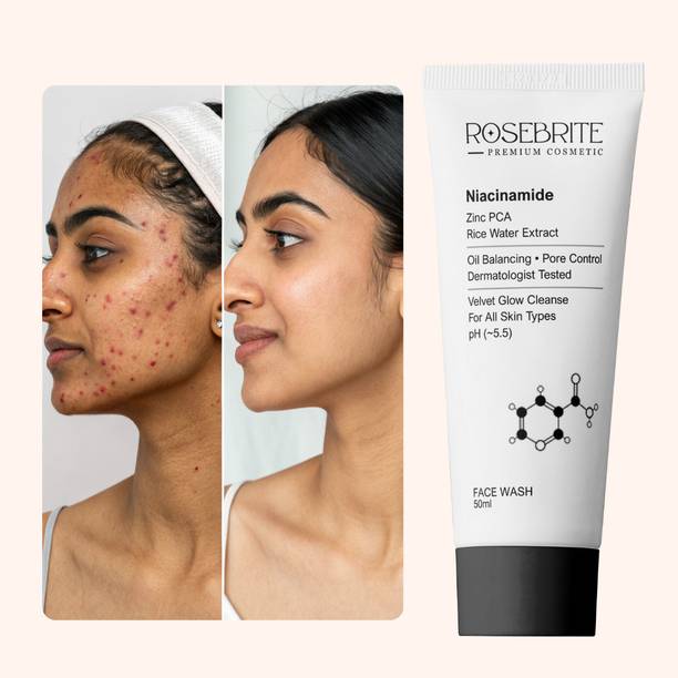 RoseBrite Glow Enhancing Niacinamide  with Zinc PCA and Rice Water Extract - Boosts Radiance, Fades Pigmentation, Gentle Makeup Remover Face Wash