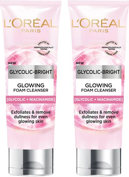 L'Oréal Paris Glycolic Bright Foaming Cleanser, for even glowing skin, 100ml, Pack of 2 Face Wash