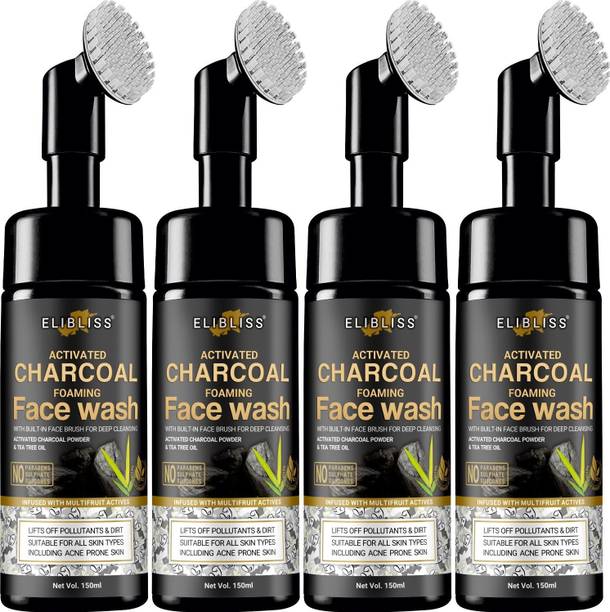 ELIBLISS Activated Charcoal Foaming  with Built-In Face Brush Pack OF 4 Face Wash