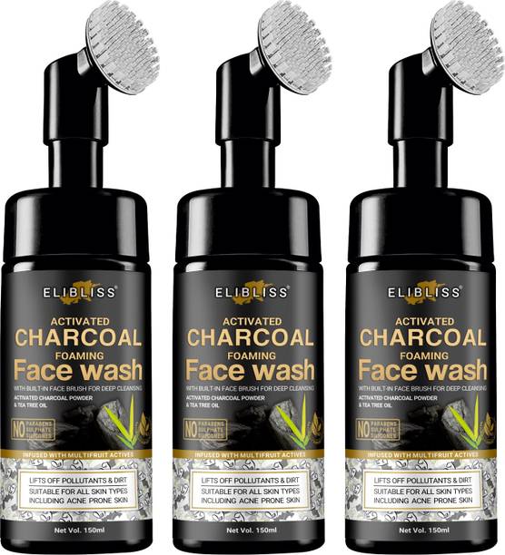 ELIBLISS Activated Charcoal for Blackheads, dark Spots & Deep Cleansing Foaming  with Built-In Face Brush Pack OF 3 Face Wash