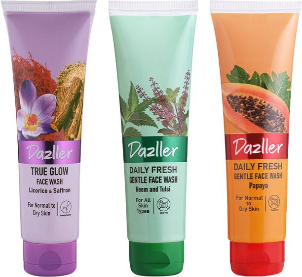 Dazller Daily Fresh Trial Pack | Neem & Tulsi | Papaya | True Glow | Pack of 3, Gentle Cleanser for All Skin Types Face Wash