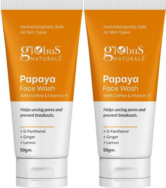 Globus Naturals Papaya with Coffee & Vitamin-E, Helps Unclog Pores & Reduces Breakouts, Set of 2 Face Wash