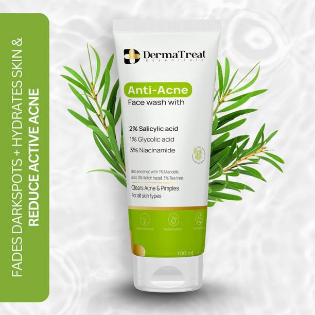 DermaTreat Essentials Anti Acne  With 2% Salicylic Acid, 1% Glycolic Acid & 3% Niacinamide for Active Acne, Pigmentation & Even Tone Skin Face Wash