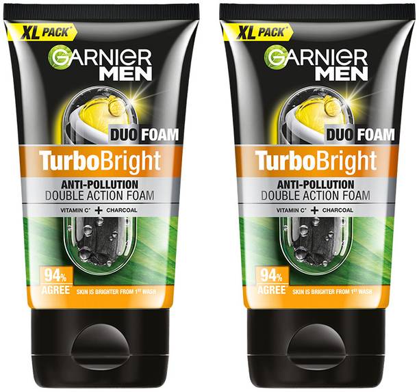 Garnier Men Turbo Bright Double Action,Anti Pollution with Charcoal and Vitamin C Face Wash