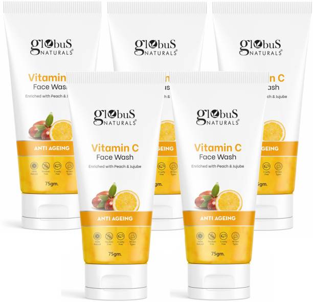 Globus Naturals Anti-Ageing Skin Brightening Vitamin C , Enriched with Peach & Jujube, Skin Illuminating & Tan Removal Formula Face Wash