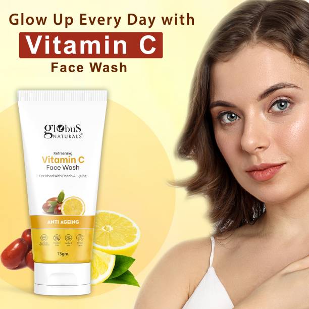 Globus Naturals Anti-Ageing Skin Brightening Vitamin C, Enriched with Peach & Jujube, Skin Illuminating & Tan Removal Formula Face Wash