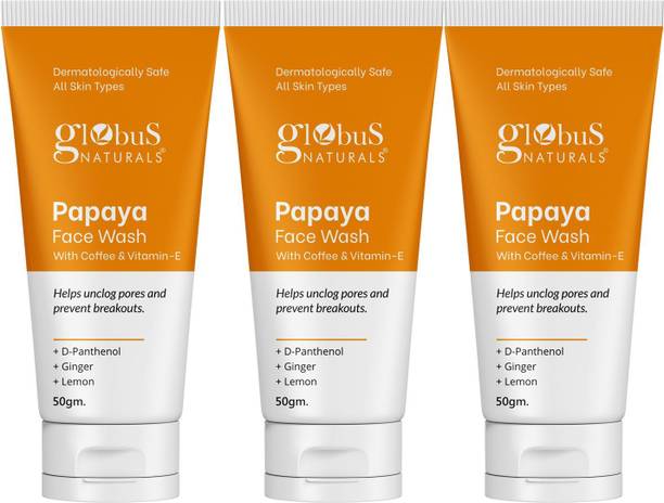Globus Naturals Papaya with Coffee & Vitamin-E, Helps Unclog Pores & Reduces Breakouts, Set of 3 Face Wash