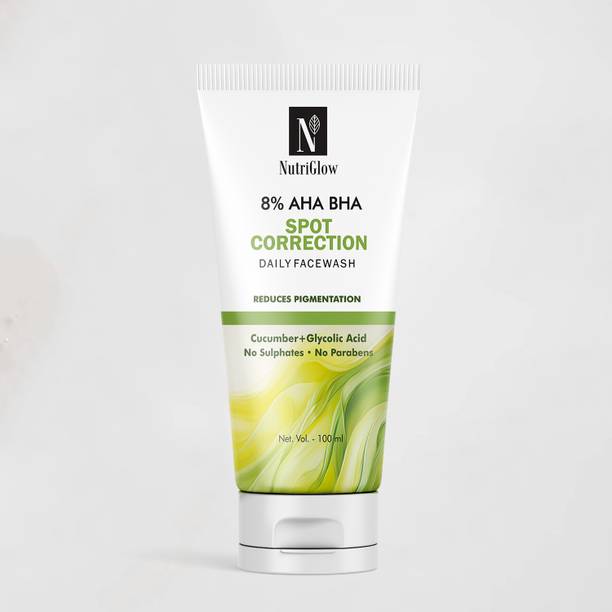 NutriGlow 8% AHA BHA Spot Correction Daily , Gentle Exfoliating Formula with Cucumber, Glycolic Acid Face Wash