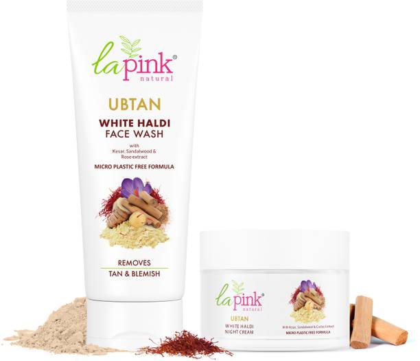 La Pink Ubtan White Haldi Night time Nourishment Combo with 100% Microplastic Free Formula Night Cream and Face Wash