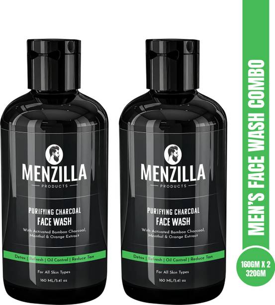 MENZILLA PRODUCTS Purifying Charcoal Men's Facewash Combo – Activated Charcoal + Menthol & Orange Extract | Oily Skin, Pimples, Glow Boost | 2 x 160ml Face Wash