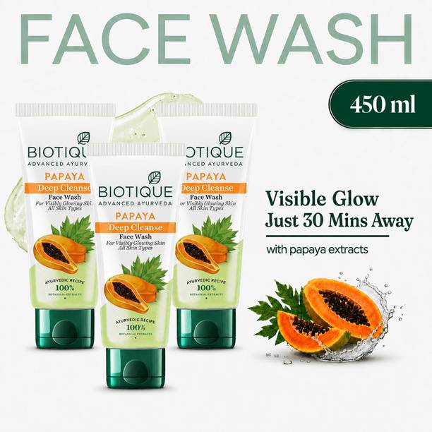 BIOTIQUE Papaya Deep Cleanse For Glowing Skin| All Skin Types| Men & Women (3*150ml) Face Wash