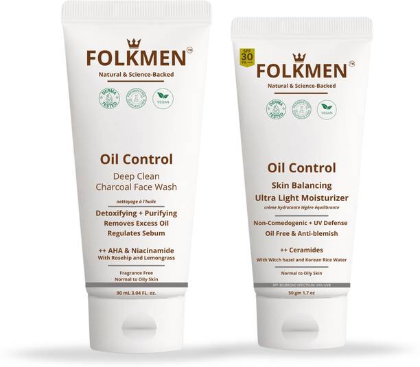 FolkMen The Oil Defender Combo - Deep Clean Charcoal Facewash (90ml) + Skin Balancing Ultra Light Moisturizer (50 gm) | Best combo set for men| Dermatologically Tested and Vegan Face Wash