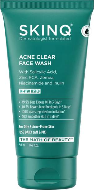 SKINQ Acne Clear  | Oily Skin  with Salicylic Acid | Reduces Acne & Excess Oil in 3 Days | In-Vivo Tested | Sulphate-Free | For Oily, Acne-prone & Sensitive Skin | 50ml Face Wash