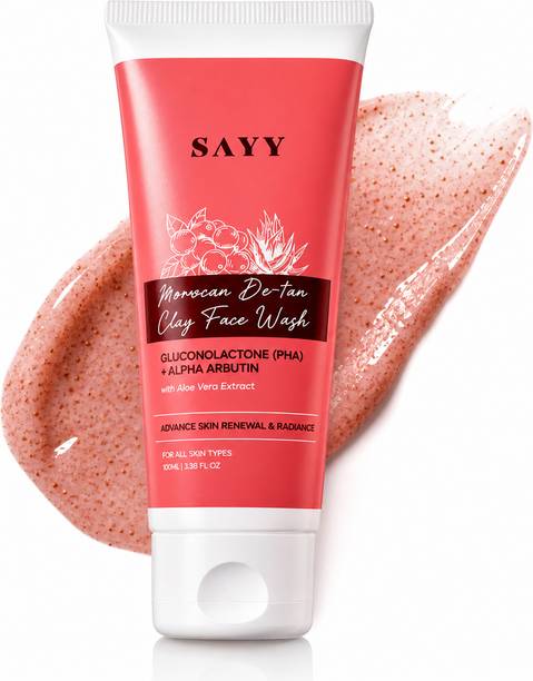 SAYY Moroccan De-Tan Facewash | Clay  with Gluconolactone (PHA) & Alpha Arbutin | Tan Removal, Deep Cleansing & Skin Brightening | With Aloe Vera Extract | For All Skin Types Face Wash