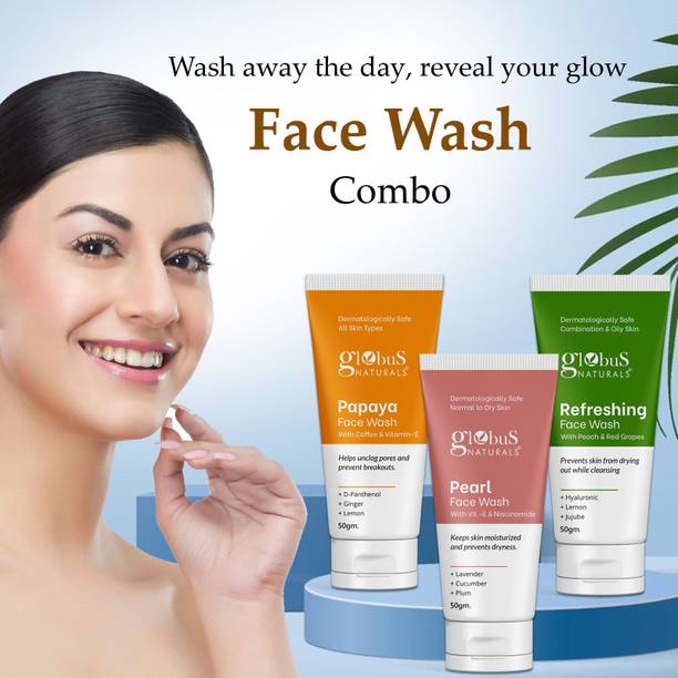 Globus Naturals Skin Care Combo - Papaya, Pearl & Refreshing, Set of 3 Face Wash