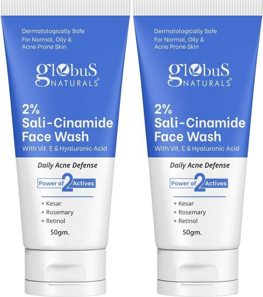 Globus Naturals 2% Sali-Cinamide Enriched with Hyaluronic Acid & Vitamin-E Suitable for Normal, Oily & Acne Prone Skin, Set of 2 Face Wash