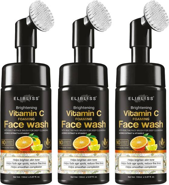 ELIBLISS Brightening Vitamin C Foaming - with Lemon & Orange Essential Oils - For Skin Brightening - No Parabens, Sulphate, Silicones,  Pack Of 3 Face Wash