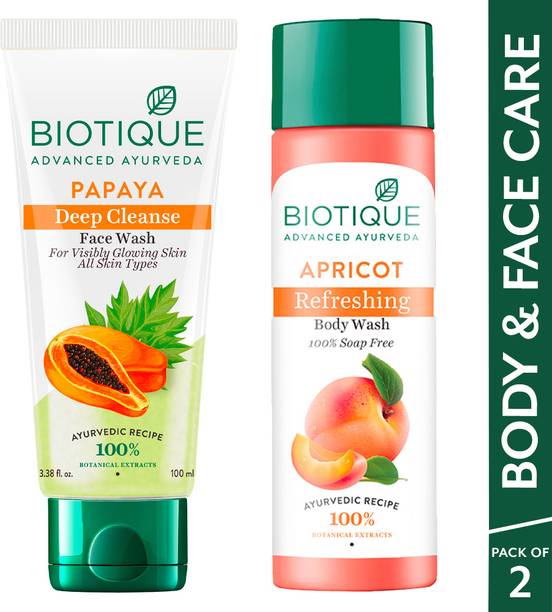BIOTIQUE Face & Body Combo Apricot Refreshing Body Wash & Papaya Deep Cleanse  Face Wash