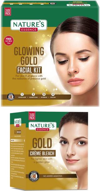 Nature's Essence Party Ready Glowing Gold Combo, Gold Facial Kit & Creme Bleach, Pack of 2