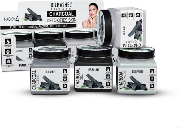 DR.RASHEL CHARCOAL PACK OF 4 (SCRUB, GEL, CREAM & FACE PACK) BLACKHEAD REMOVAL FACIAL KIT