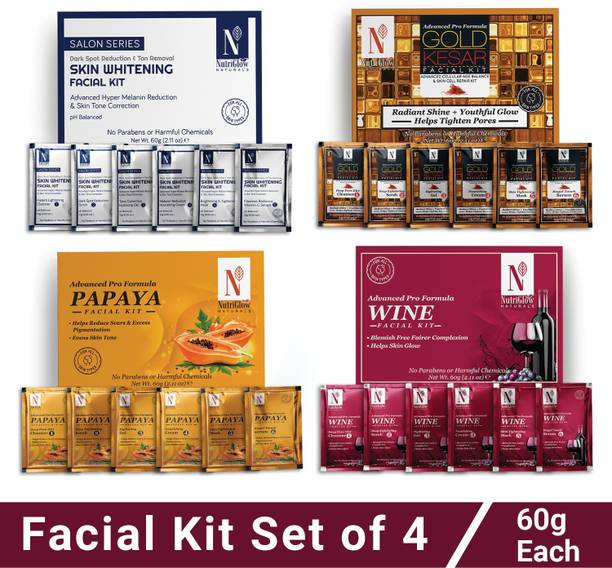 NutriGlow NATURAL'S Advance Pro Formula Combo of 4 Skin Whitening,Gold Kesar,Papaya,Wine Facial kit 60gm Each For Skin Cell RepairReduce Scars, Excess Pigmentation & Helps Skin Purifying