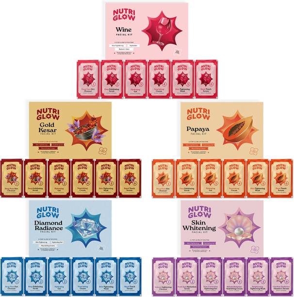NutriGlow NATURAL'S Advanced Pro Formula Combo Pack of 5 Diamond Radiance,Skin Whitening,Gold Kesar,Papaya,Wine Facial Kit 60gm Each for Skin Cell Repair Reduce Pigmentation & Spotless Face