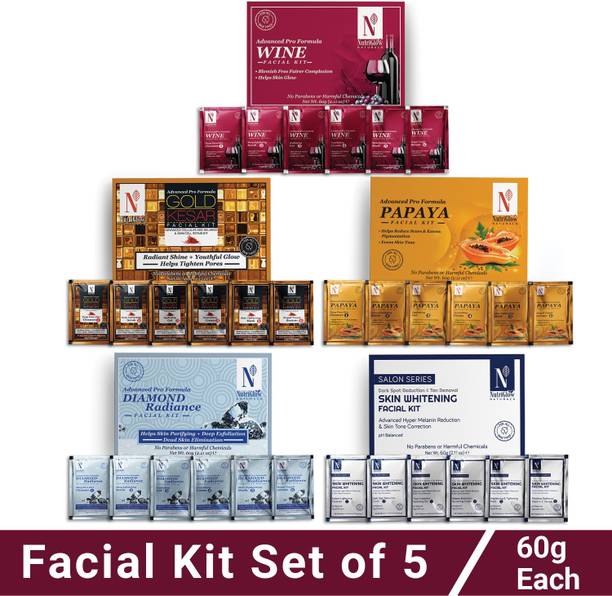 NutriGlow NATURAL'S Facial Kit Pack-5|Wine|Papaya|Gold Kesar|Skin Whitening & Diamond|