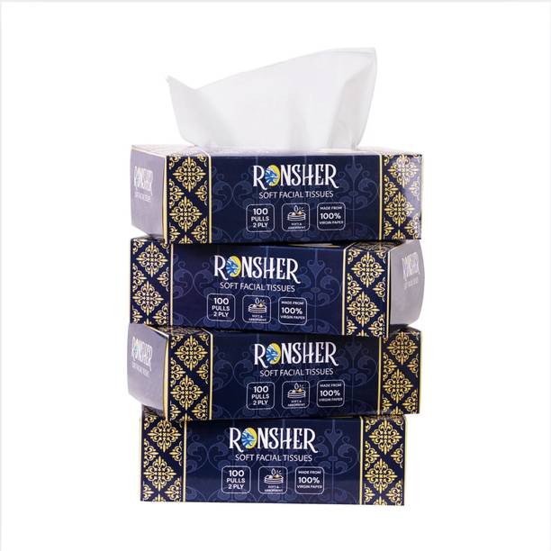 RONSHER 2 Ply Premium Facial Tissue Paper Box | 100 Pulls | Pack Of 4 | OBA-Free