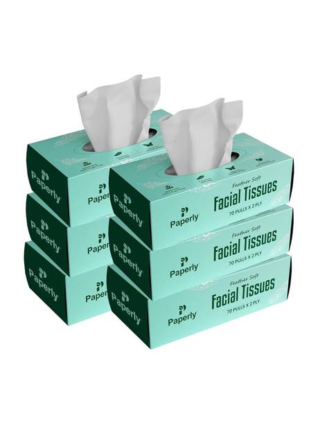 Paperly 2 Play Feather Soft Facial Tissue Paper Box Pack of 6, 70 Pulls Napkin Per Pack