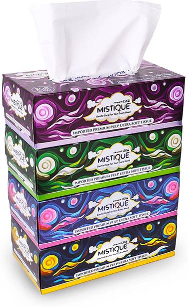 Mistique 2 Ply Facial Tissue Box - Pack of 4 (800 Pulls), Soft & Highly Absorbent