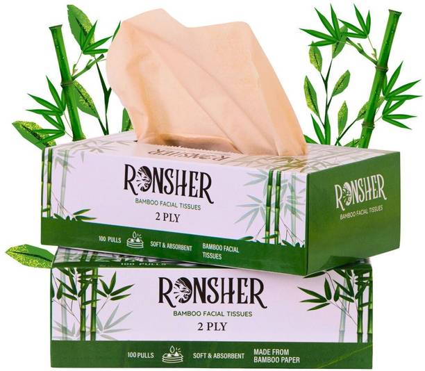 RONSHER 2 Ply Bamboo Facial Tissue Paper Box | 100 Pulls | Pack Of 2 | OBA-Free