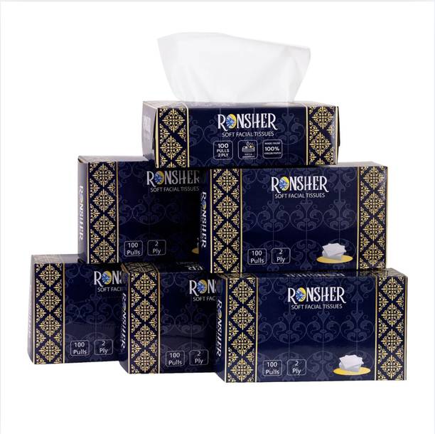 रोंशर 2 Ply Premium Facial Tissue Paper Box | 100 Pulls | Pack Of 6 | OBA-Free