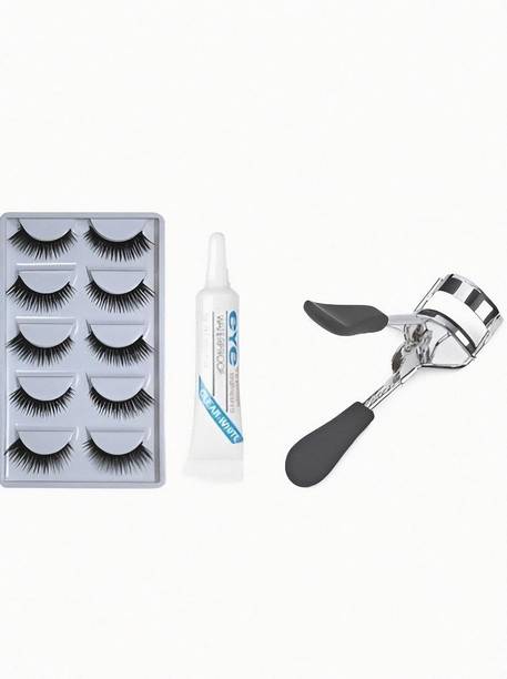 Glowsync Eyelash 5 pair FALSE EYELASH , EYELASH CURLER AND EYELASH GLUE (Pack of 3