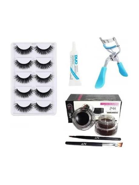CrazzyShopperz 5 Pair Eyelash Glue, Curler, Gel Eyeliner Black and Brown pack of 5
