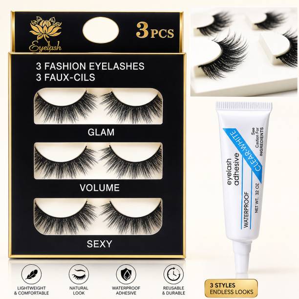 FIDAH 3 Pair False Eyelashes with Eye Glue| Natural, Volume & Glam Lash Set for Women