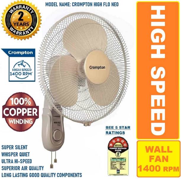 Crompton HIFLO 100% COPPER HIGH SPEED SUPER SILENT 2 YEAR WARRANTY LONGER LIFE109 5 Star 400 mm Silent Operation 3 Blade Wall Fan