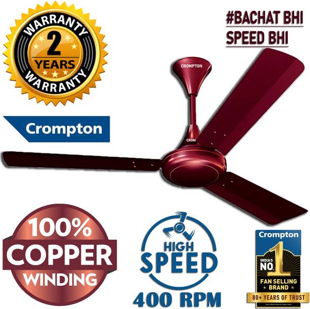 Crompton SUREBREEZE HIGH SPEED 400 RPM HS PLUS 51W 30% ENERGY SAVING 100% COPPER 422 1 Star 1200 mm 3 Blade Ceiling Fan (Energy Saving | LUSTRE Brown HIGH SPEED 400 rpm 100%…