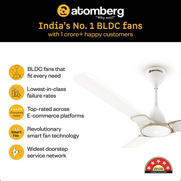 Atomberg Erica Nuvo | Award Winning Designer Fan | High Air Delivery | 5 Star 1200 mm 3 Blade Ceiling Fan  (BLDC Motor with Remote | Snow White | Pack of 1)