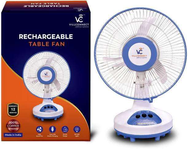VILLCONNECT 12-Inch Rechargeable AC/DC Table Fan with Oscillation, USB Port & LED Light 300 mm 3 Blade Table Fan
