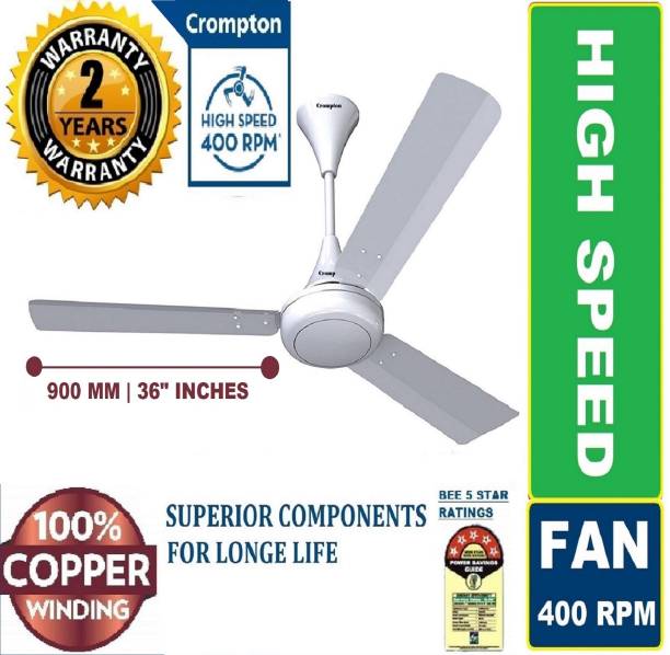 Crompton SUPER HIGH SPEED 400 RPM 51w 30% Energy Saver 100% COPPER Longer Life8 1 Star 900 mm Ultra High Speed 3 Blade Ceiling Fan